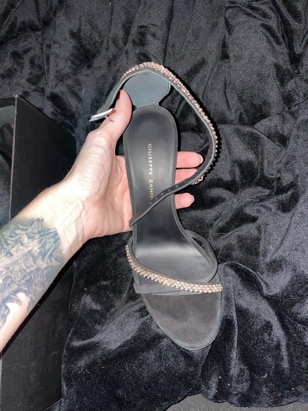 Giuseppe Zanotti Black Suede Heels with Crystal Straps Miria Out of Season